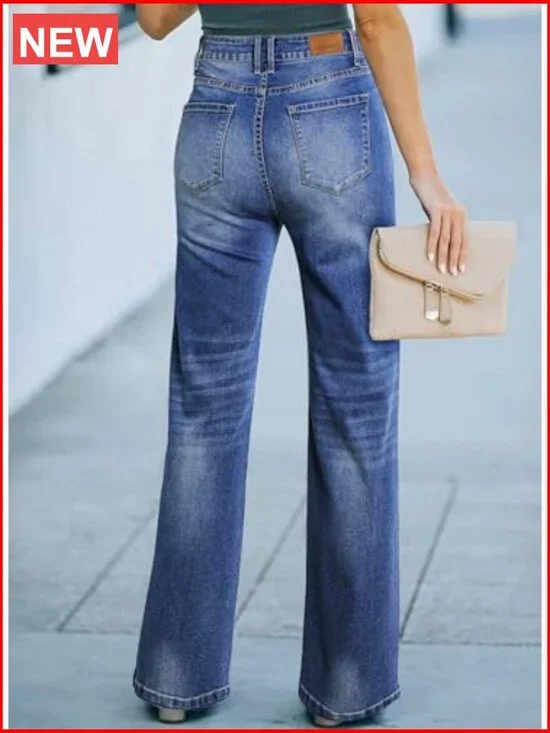 High Waisted Wide Leg Jeans Straight Denim Pants with Pockets - Picture 2 of 7